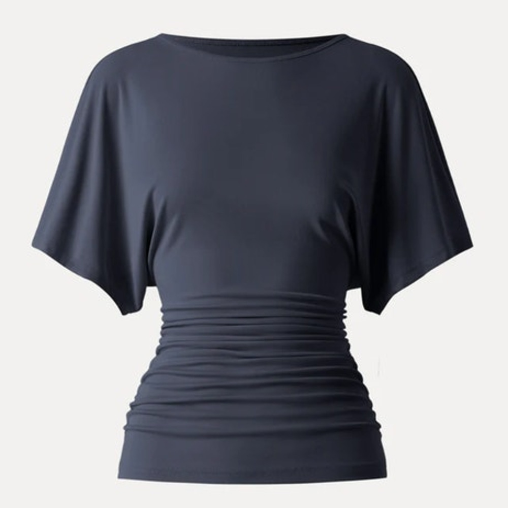 OGL Top Size S NEW Sandwashed Effortless Boatneck Batwing Sleeve Navy Ruched